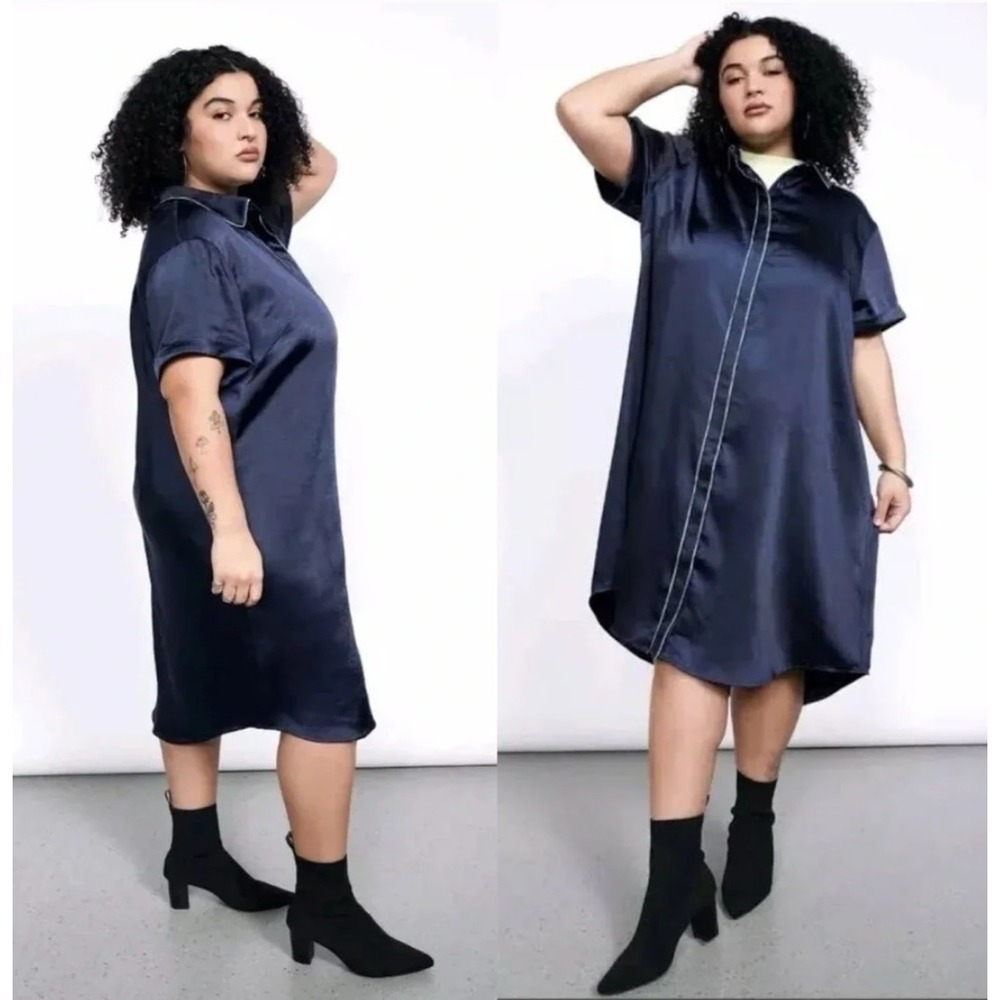 Wildfang The Empower Satin Shirt Dress Navy Blue Midi NWT XS Relaxed Androgynous